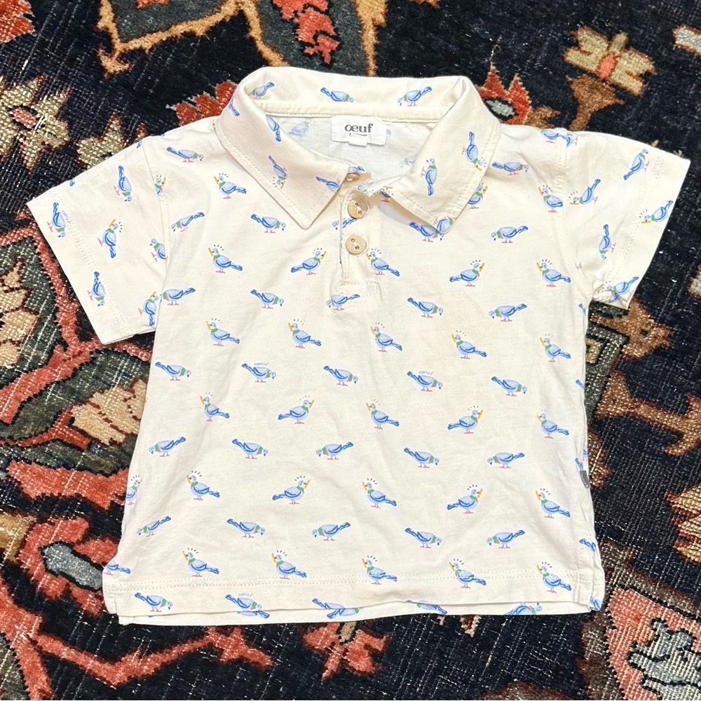 Oeuf Cream Polo with Blue Bird Pattern size 2-3 years